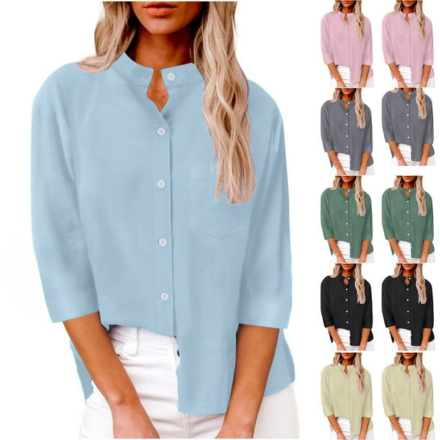 CFLVAEK Button Down Shirts for Women Dressy Casual 3/4 Sleeve Shirt Comfy Collared Neck Business Work Blouses Solid Color Going Out Tops 2025 Green M