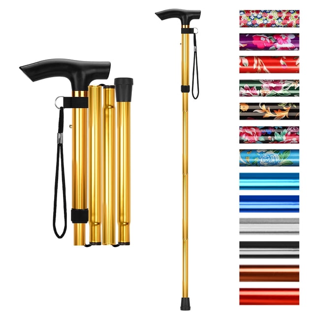 Bastón plegable Supregear, ajustable en 5 niveles de altura, ligero, plegable, portátil, de viaje, con correa de muñeca y mango en T, para personas mayores, discapacitadas, hombres y mujeres, dorado