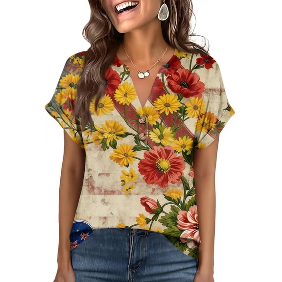 Iaqnaocc American Flag Tops for Women 4th Of July Short Sleeve Button Henley V Neck Independence Day American Flag Floral Print Tees Vintage Summer July 4th Celebration T Shirts for Women Yellow S
