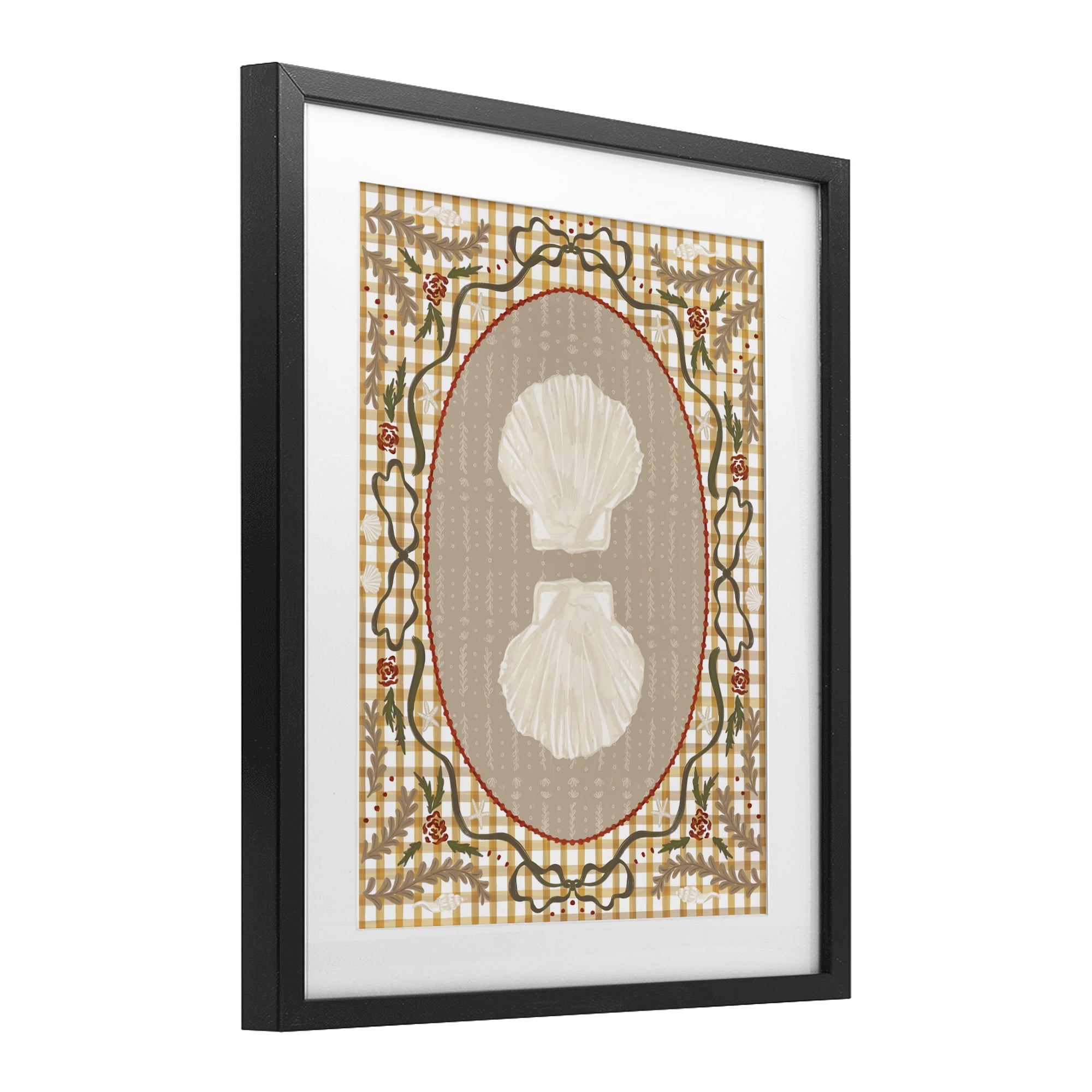 Stupell Industries Vintage Shells on Gingham Black Framed Print Under Glass, design by Vero Illustrates