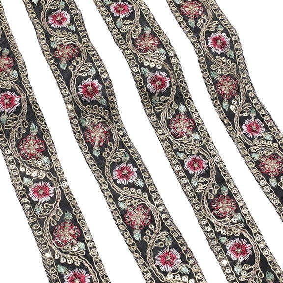 10 Yards Vintage Ethnic Black Jacquard Ribbon Floral Embroidered Woven Trim Bridal Gold Wired Sequin Embroidery Webbing Pattern Ribbons