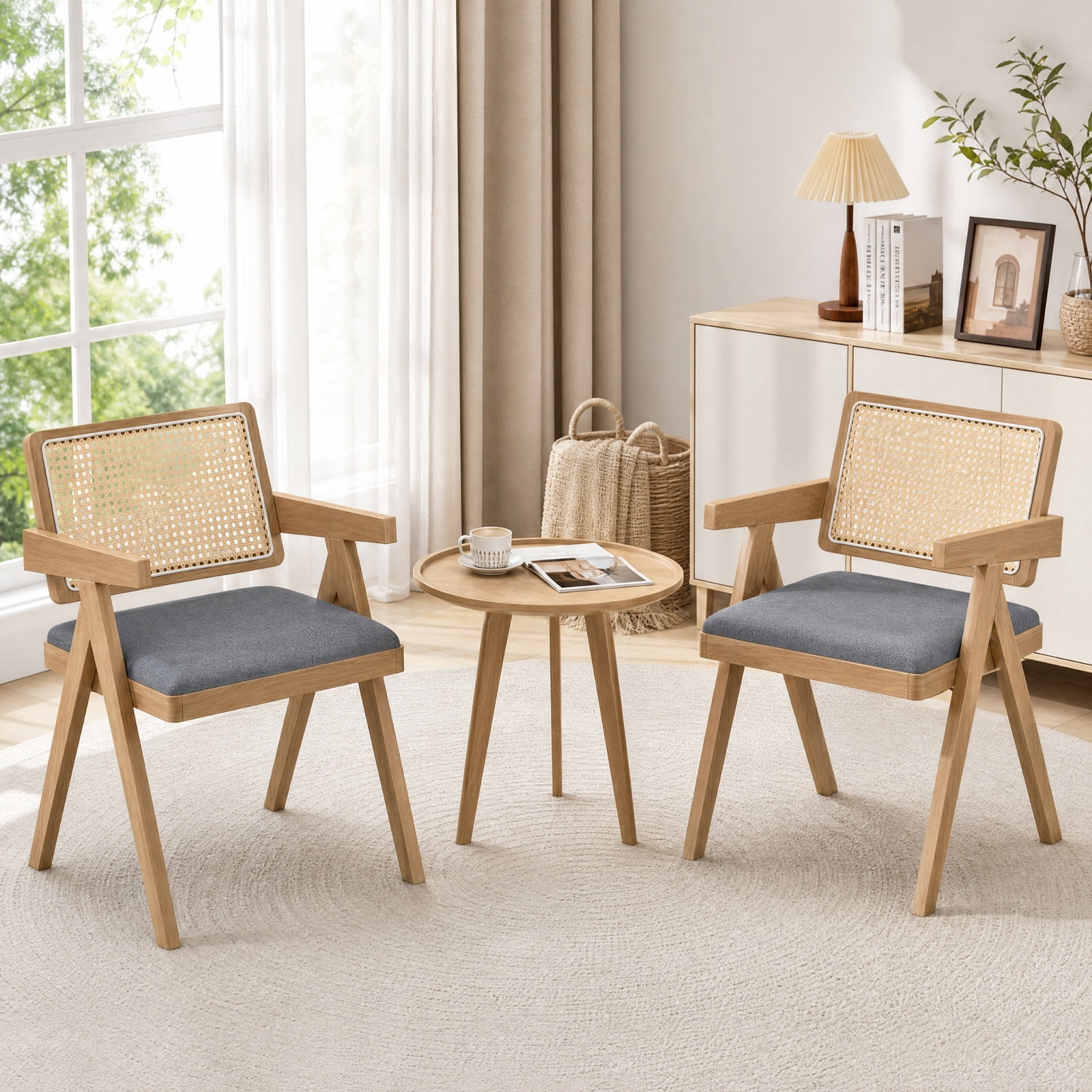 Furnibear Set of 2 Rattan Accent Chairs with Padded Cushion and Rubber Wood Frame for Dining Room Kitchen and Living Room, Gray