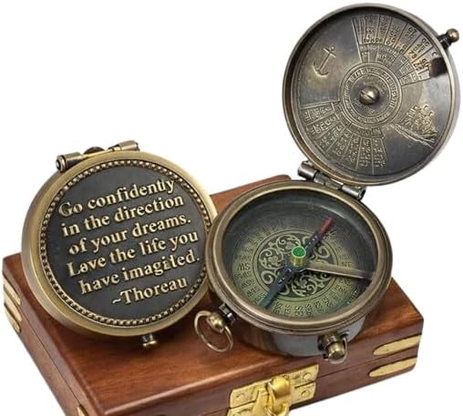 Maritime treasures Vintage Brass Pocket Compass with Engraved “Go Confidently in the Direction of Your Dreams” Quote – Antique Nautical Compass with Wooden Box, Gift