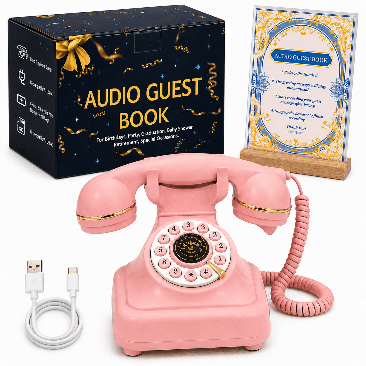 Pink Audio Guest Book Phone, Vintage Wedding Voicemail Recorder with Personalized Greeting, Rechargeable Guestbook Telephone for Birthday, Baby Shower, Anniversary, Party & Bridal Shower