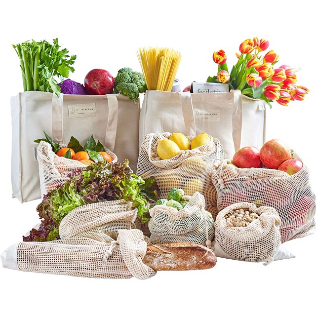 AtAlpha 100 Organic Reusable Grocery Bags, 9 Pcs Canvas Tote Bag Set
