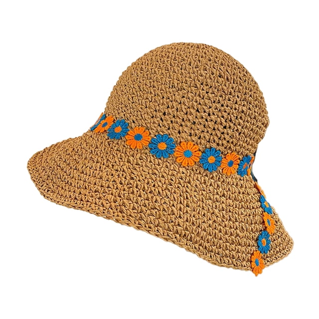 Sombrero de paja con circunferencia de 56-58cm, sombrero de playa de verano para mujer, protector solar plegable con flores, sombrero para sol en la playa de ala grande