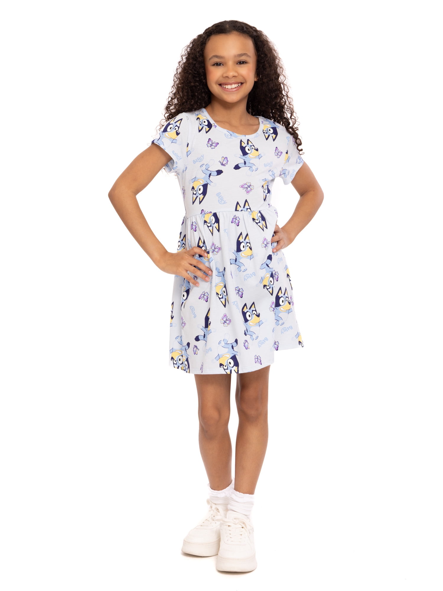 Bluey Girls Allover Print Dress with Short Sleeves, Sizes 4-12