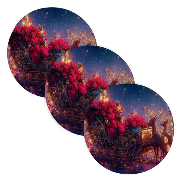 BZSMCE Mats for Pots,Pans Place Festive Sleigh with Roses Reindeer Simple Style Pattern Pot Mats