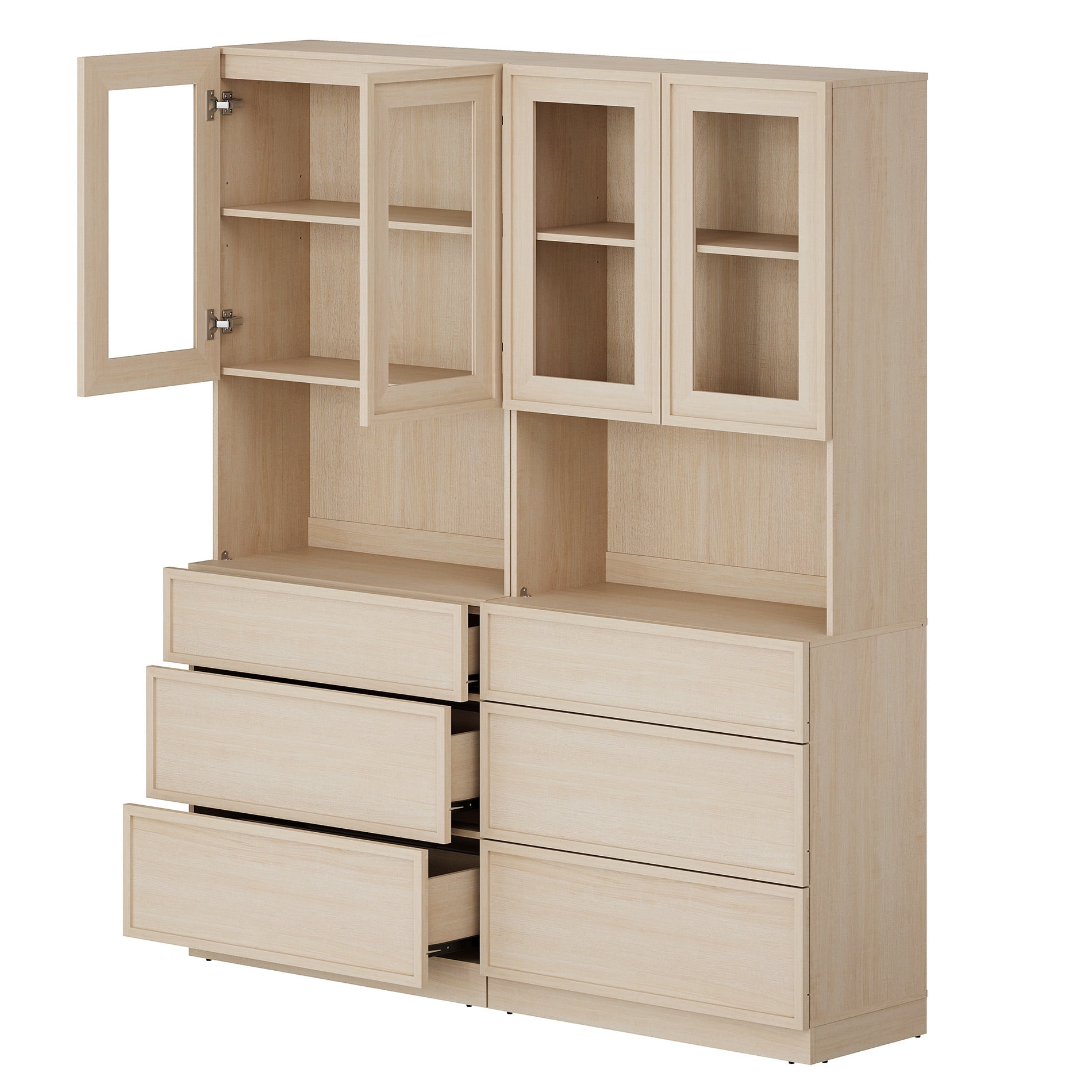Modern 72" Tall Bookshelf with 6 Drawers and Book Shelves, Library Bookcase with Storage Cabinet and Glass Display Shelves,Beige