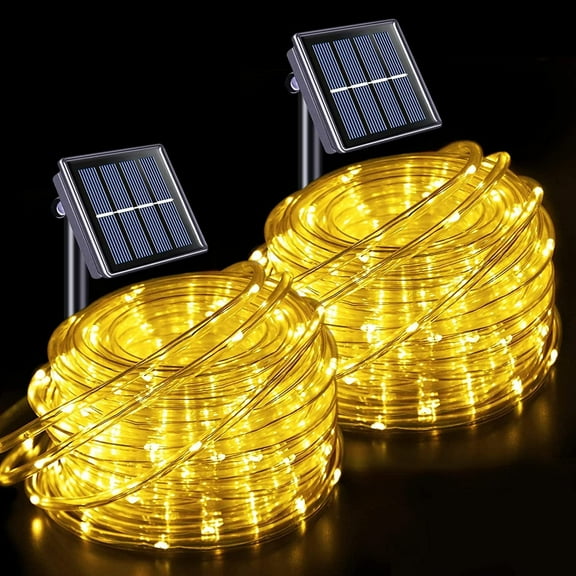 JMEXSUSS 2 Pack 100 LED Solar Rope Lights,33ft 8 Modes Solar Rope Lights Outdoor Waterproof LED Solar Powered Rope Tube for Trampoline,Fence,Gazebo,Yard,Walkway,Path(Warm White)