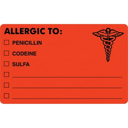 UPC: 0084371004881 | Tabbies  TAB00488  ALLERGIC TO Medical Allergy Label  100 / Roll  Fluorescent Red