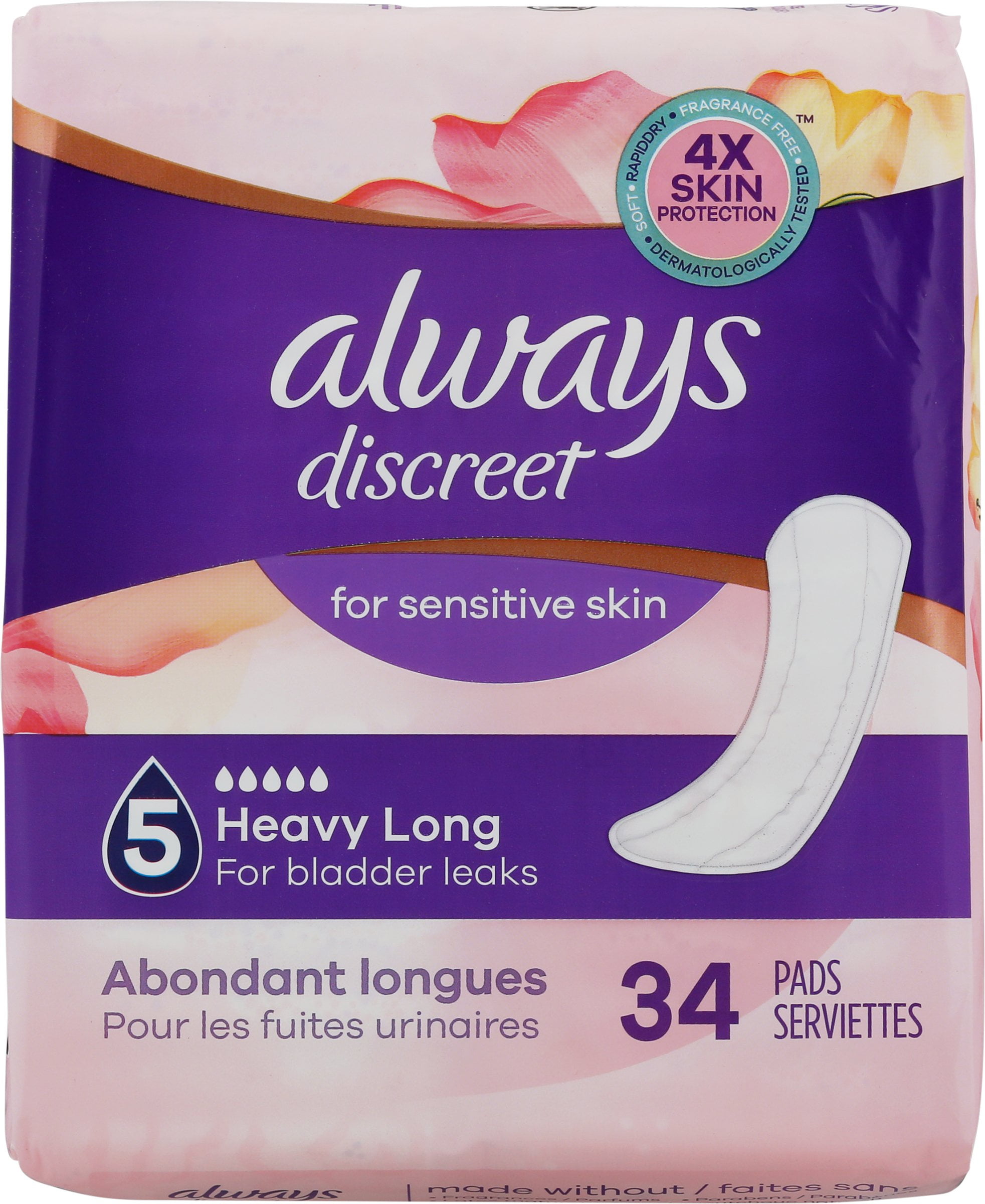 Always Discreet Pads for Sensitive Skin, Heavy Absorbency, Long Length - 34 Pads