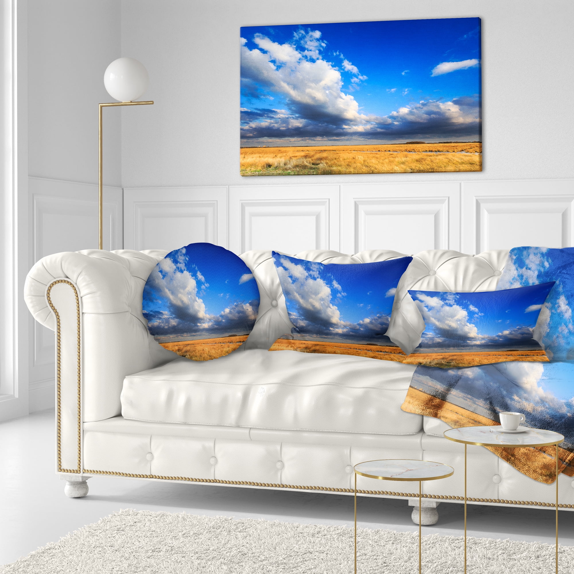Designart Clouded Blue Sky over Prairie - Landscape Printed Throw Pillow - 12x20