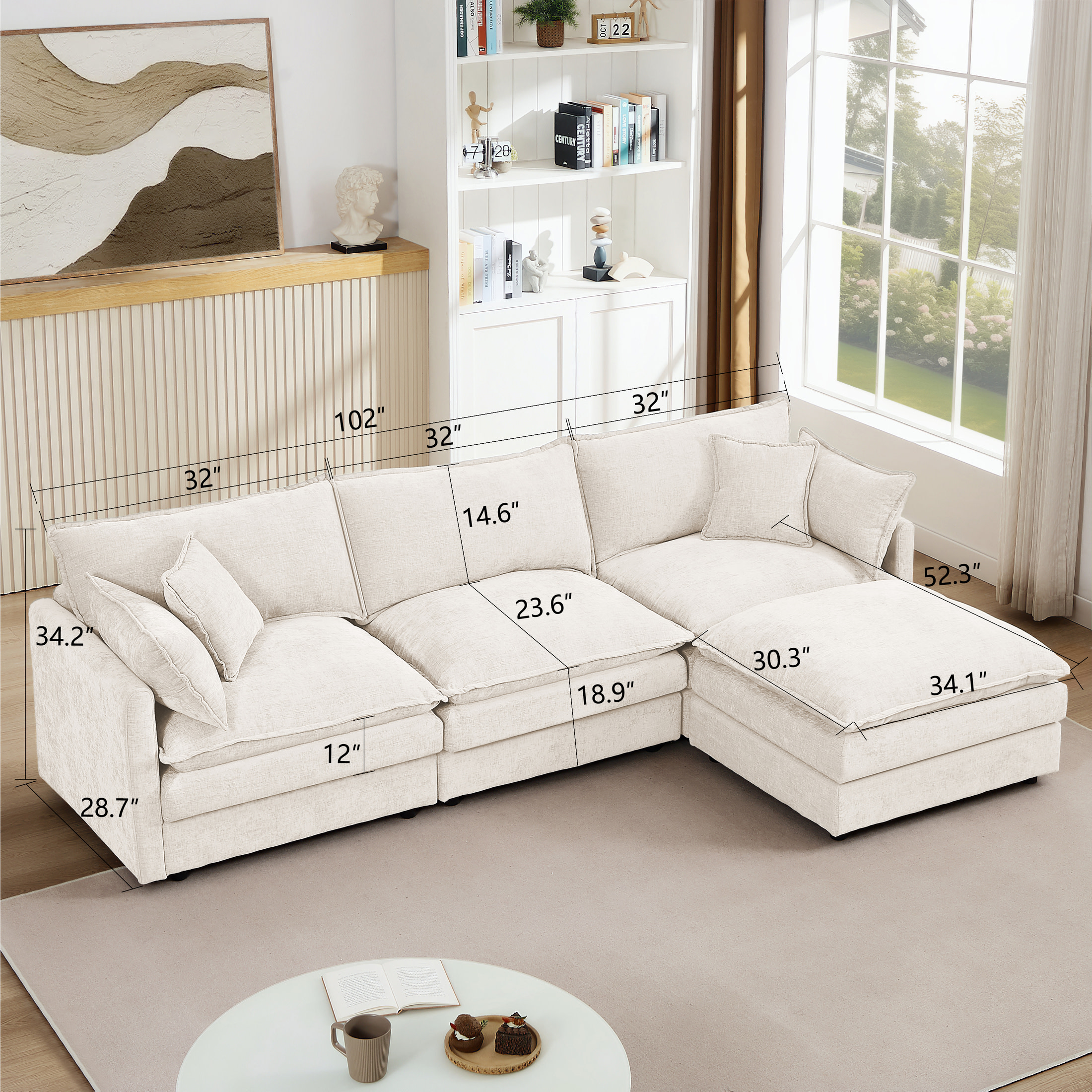 Noble House Stacy 102" Modular Sectional Sofa, L-Shaped Chenille Couch with Movable Ottoman, for Living Room, Beige
