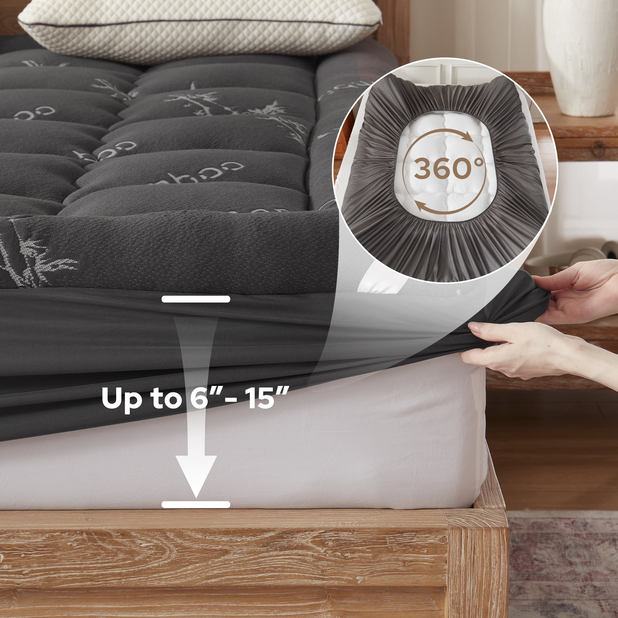 BEDLORE Full Mattress Topper, Bamboo Pillow Top Pad for Back Pain Relief, Thick Soft Mattress Cover with Deep Pockets 6-15 inch(Grey)