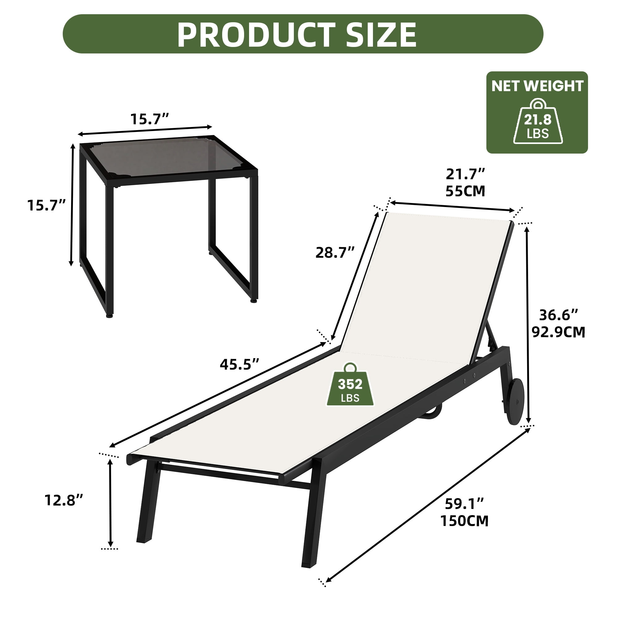 Uforic 3pcs Outdoor Chaise Lounge Set, 2 Adjustable Loungers with Side Table, Wheels, Beige