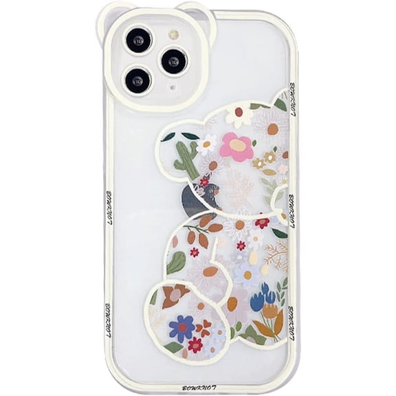 Compatible with iPhone 11 Pro Max Case Transparent Cute Floral Bear Pattern Bear Ear Design for Women Girls Fashion Slim Soft Flexible TPU Rubber for iPhone 11 Pro Max-Transparent
