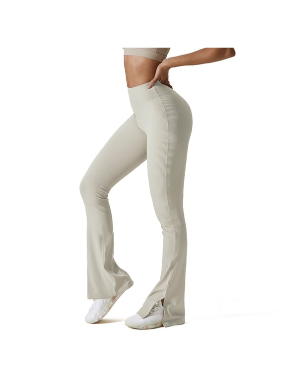 Womens Ribbed Flared Leggings Slit Hem High Waist Bootcut Yoga Pants Workout Bootleg Pants