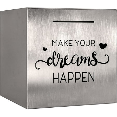 Piggy Bank Made of Stainless Steel, Piggy Banks for Adults Coin Bank,Can Only Save The Piggy Bank That Cannot be Taken Out (Make.Your.Dreams.Happen(4.72 inch-Silvery))