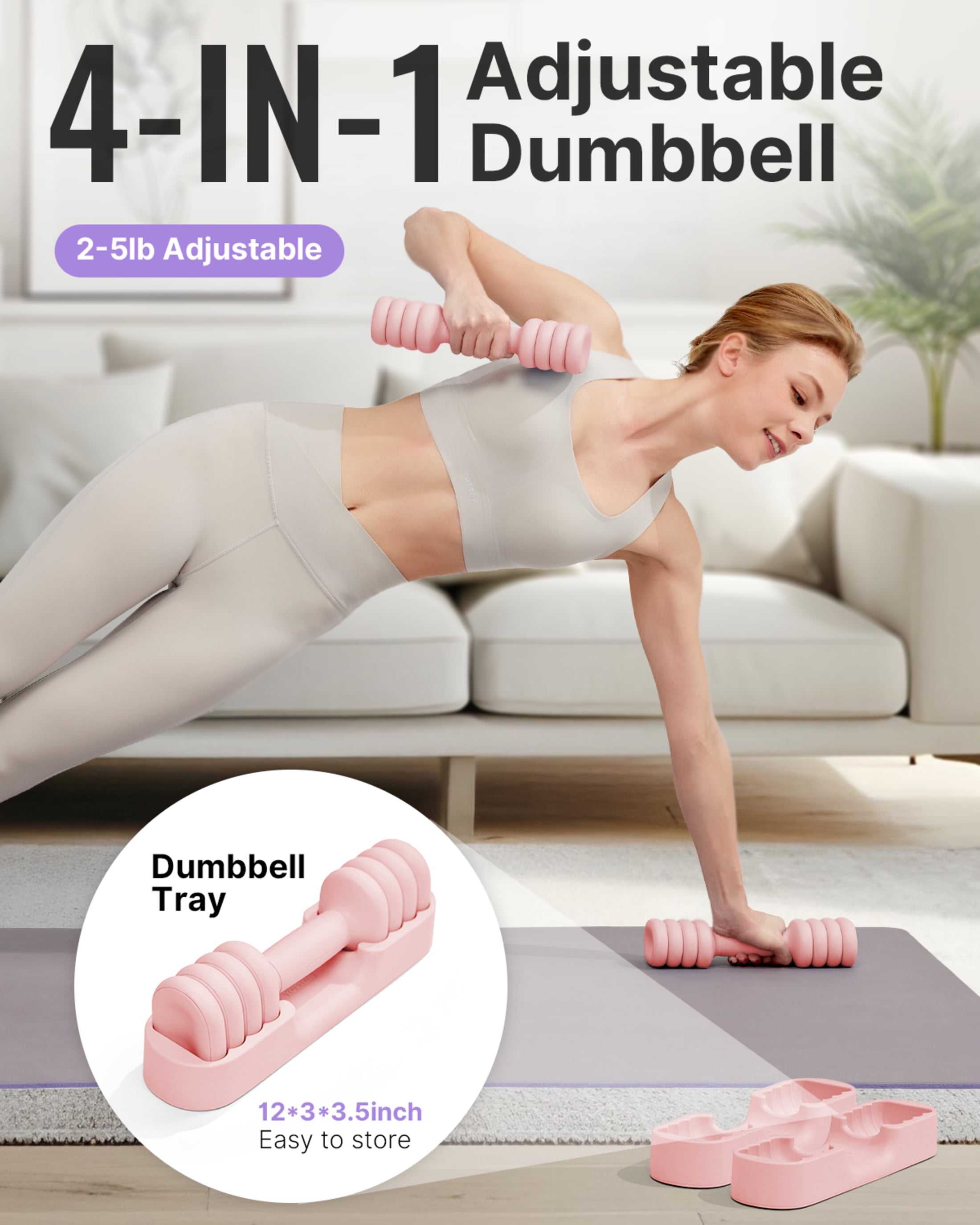 YOTTOY Adjustable Dumbbell Set, Pair 4-in-1 Hand Weights 2–5 lb Each — Compact Free Weights with Soft Grip & Base for Women's Home Gym,PINK