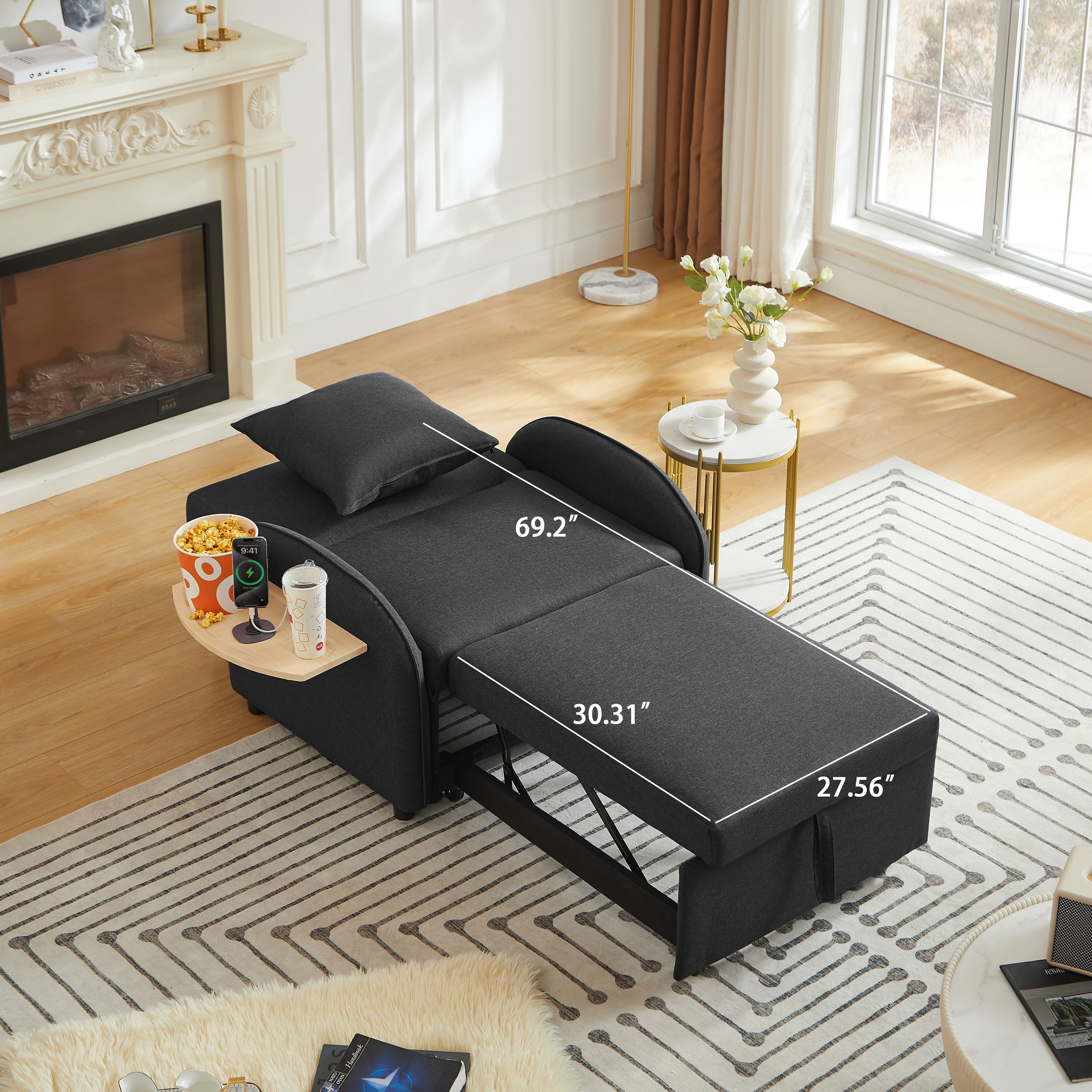 Leumius Convertible Sofa Chair Bed,3-in-1 Sleeper Sofa with Pull-Out Bed and USB Port,Foldable Table,Modern Linen Single Sofa Chair with Reclining Backrest for Living Room Small Space,Black