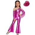 thumbnail image 3 of YiZYiF Girls Metallic Shiny Disco Hippie Jazz Dance Outfits Sequin Tassel Flare Jumpsuit with Hat Set Hot Pink 16, 3 of 7