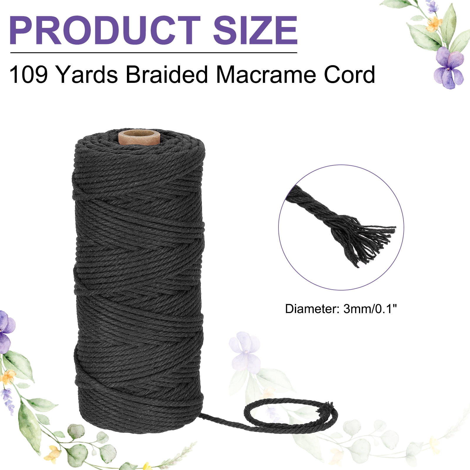 Braided Macrame Cord, 3mm x 109 Yards Natural Cotton Rope Macrame Yarn Bohemia Craft String with Scissors(Black)