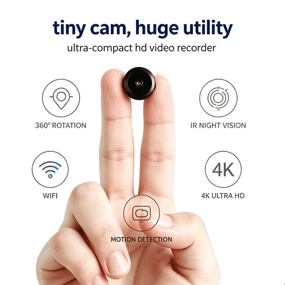 Ultra-Compact WiFi Security Camera, 4K Ultra HD Mini Portable Surveillance Cam, 360° Rotatable, IR Night Vision, Motion Detection, Wireless Indoor Monitoring Recorder for Home, Office & Entryway