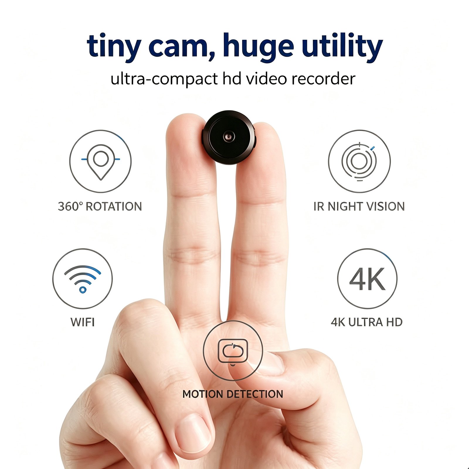 Ultra-Compact WiFi Security Camera, 4K Ultra HD Mini Portable Surveillance Cam, 360° Rotatable, IR Night Vision, Motion Detection, Wireless Indoor Monitoring Recorder for Home, Office & Entryway