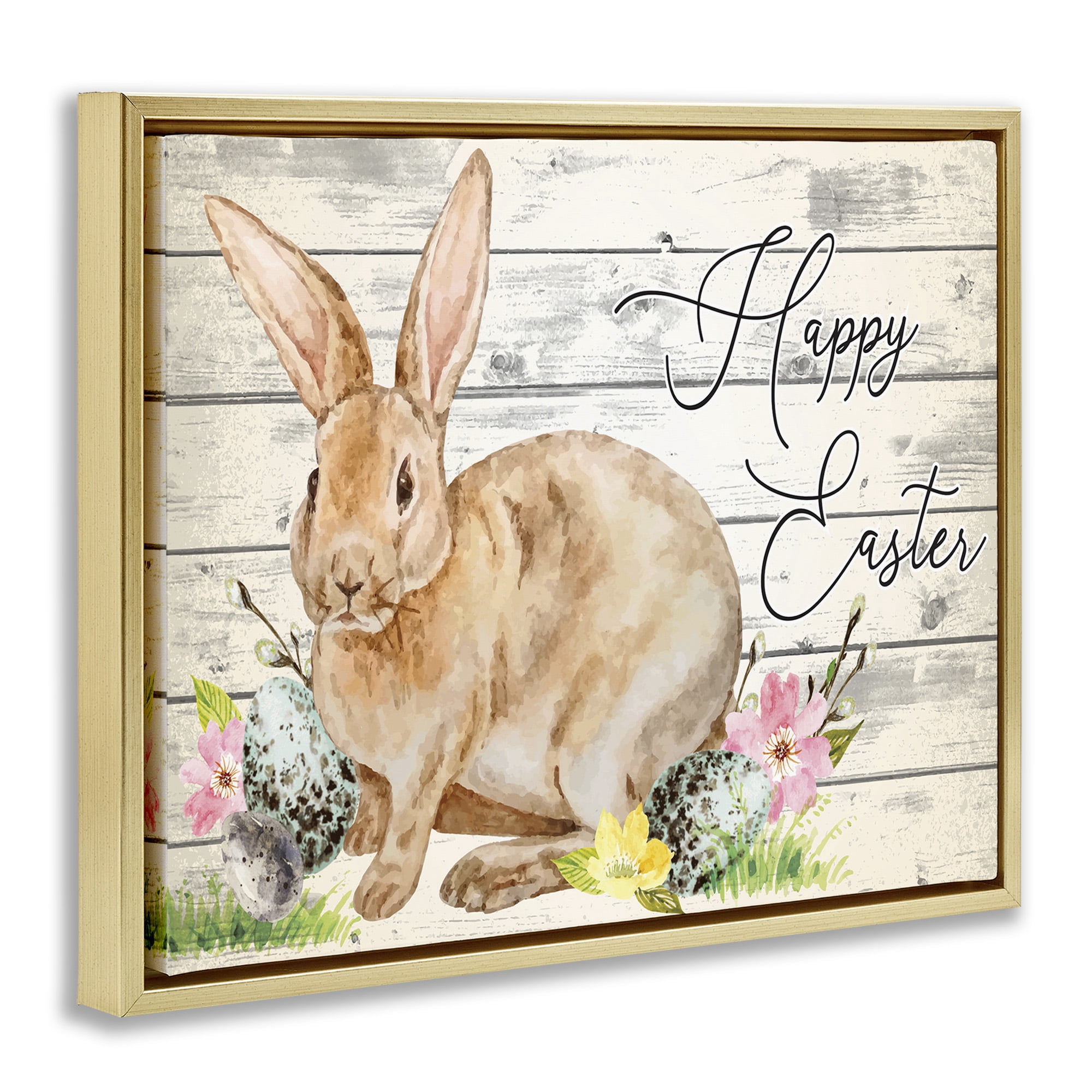 Spring Floral Happy Easter Bunny Gold Floating Frame Canvas Art, 21 x 17, By Nicole DeCamp