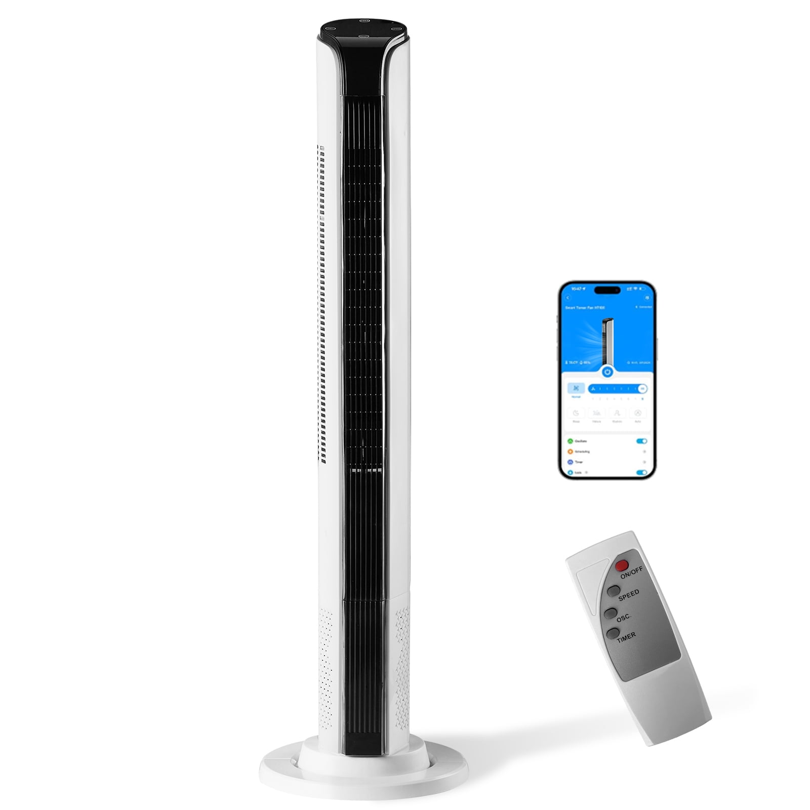 42 Inch Smart WiFi Tower Fan 65W All Copper Motor, APP Remote Button Control 3 Speeds 3 Wind Modes 12H Timer Slim Space Saving Tower Fan for Bedroom Home Office