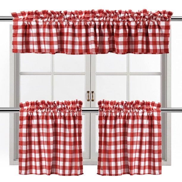 Checkered Curtains, Farmhouse Kitchen Curtains and Valances Set