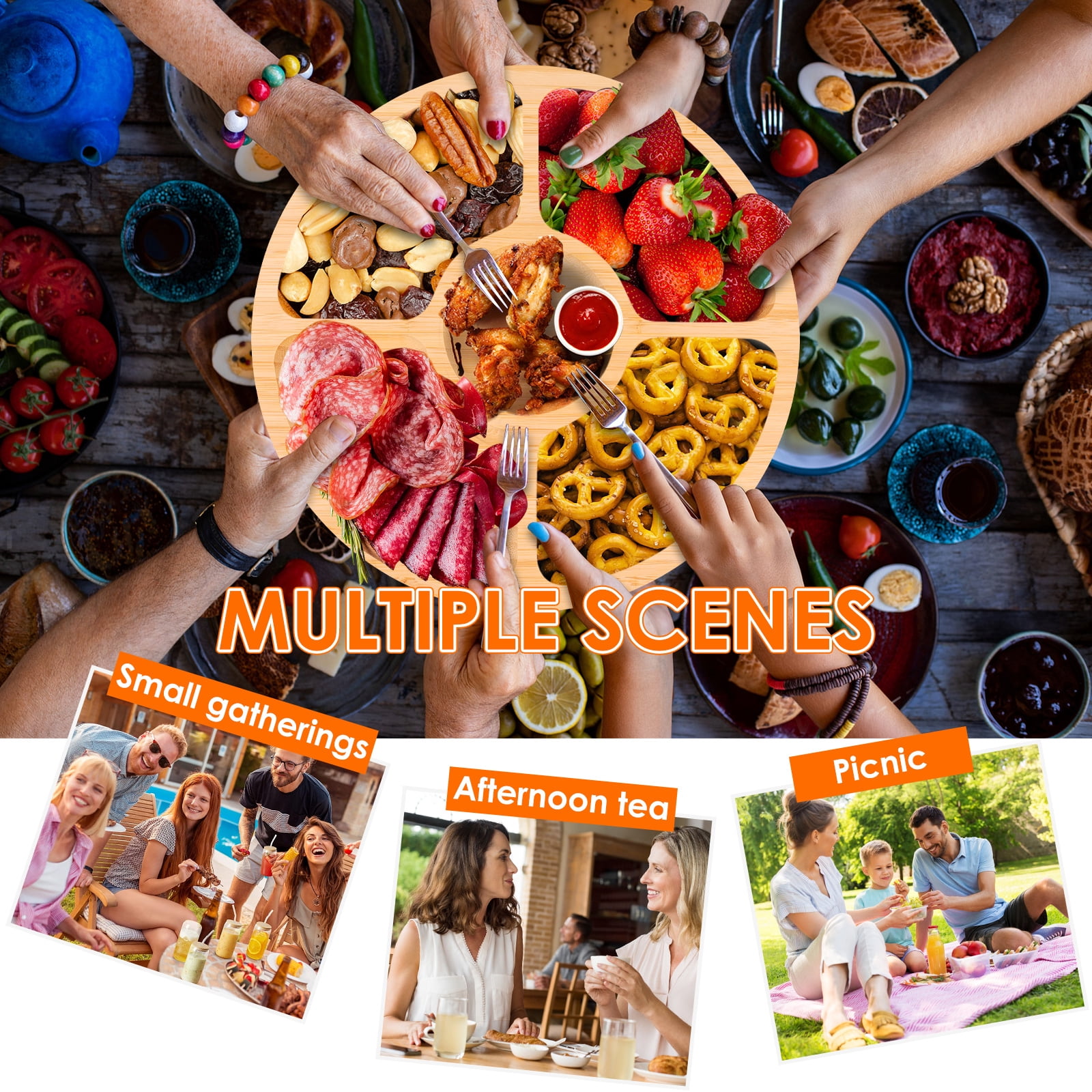 Ihvewuo Cheese Board Covered Fruits Platter Serving Tray Round Charcuterie Board with Lid Large Capacity Divided Design for Party Picnic Camping