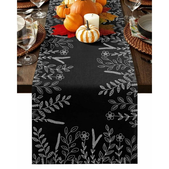 Fall Table Runner Thanksgiving Black Floral Table Runners Flower Leaf Branch Cotton Linen Dresser Scarf Kitchen Dining Table Decor for Fall Holiday Party Decor 13x36 Inch