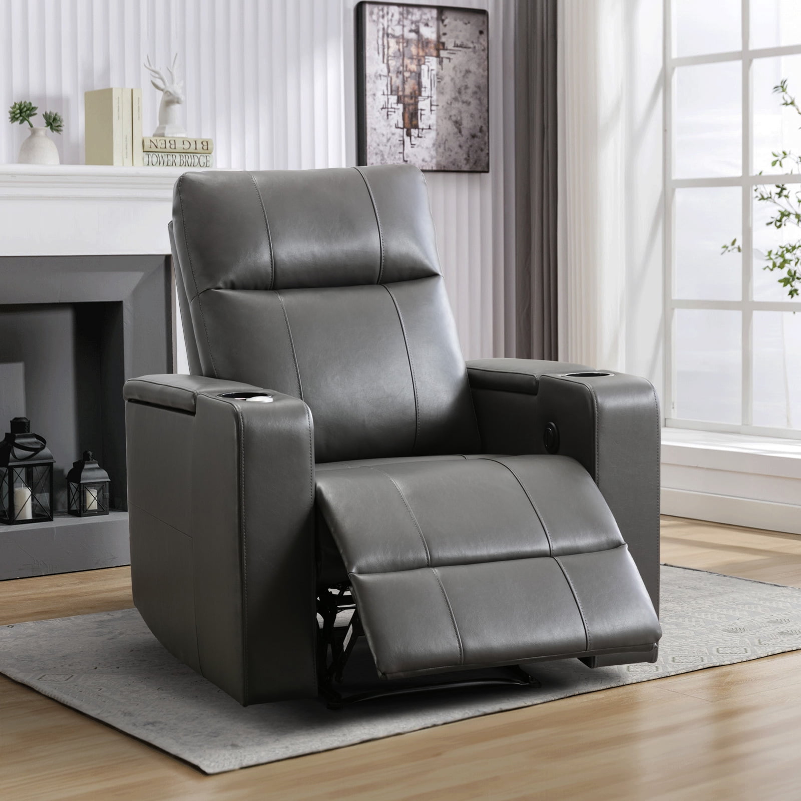 Bonzy Home Power Electric Recliner Chair, PU Leather Home Theater Seating with Cup Holders, USB Port & Hidden Storage, Single Movie Recliner for Living Room Media Room, Gray