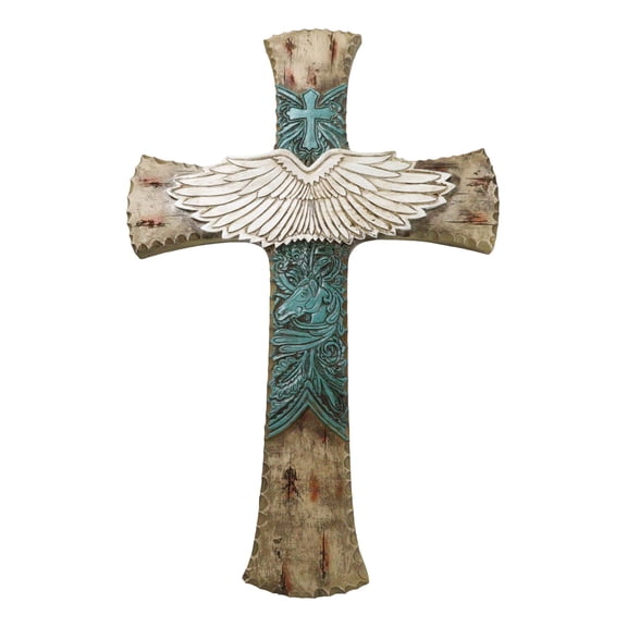 Rustic Western Angel Wings Turquoise Horse And Floral Tooled Leather Wall Cross