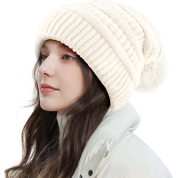 Womens Pompom Beanie Hat Knit Winter Hat with Warm Fleece Lined