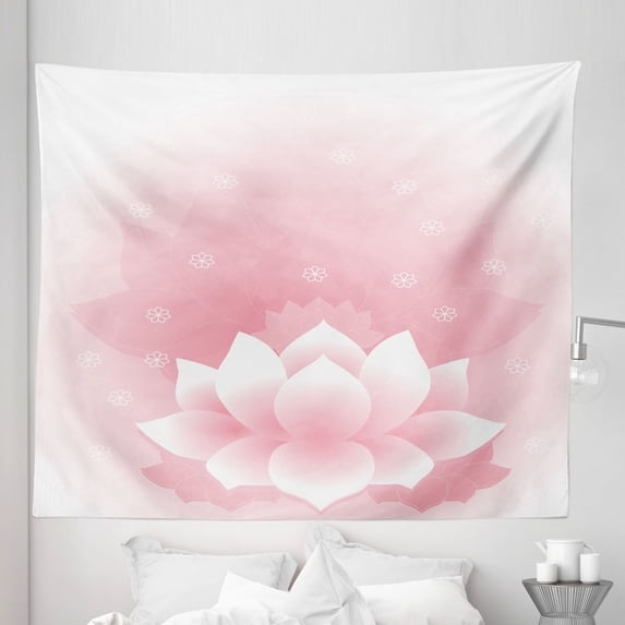 Floral Pink Tapestry, Pastel Colored Lotus Flower Ethnic Exotic Meditative Nature Themed Print, Fabric Wall Hanging Decor for Bedroom Living Room Dorm, 5 Sizes, Blush Rose White, by Ambesonne