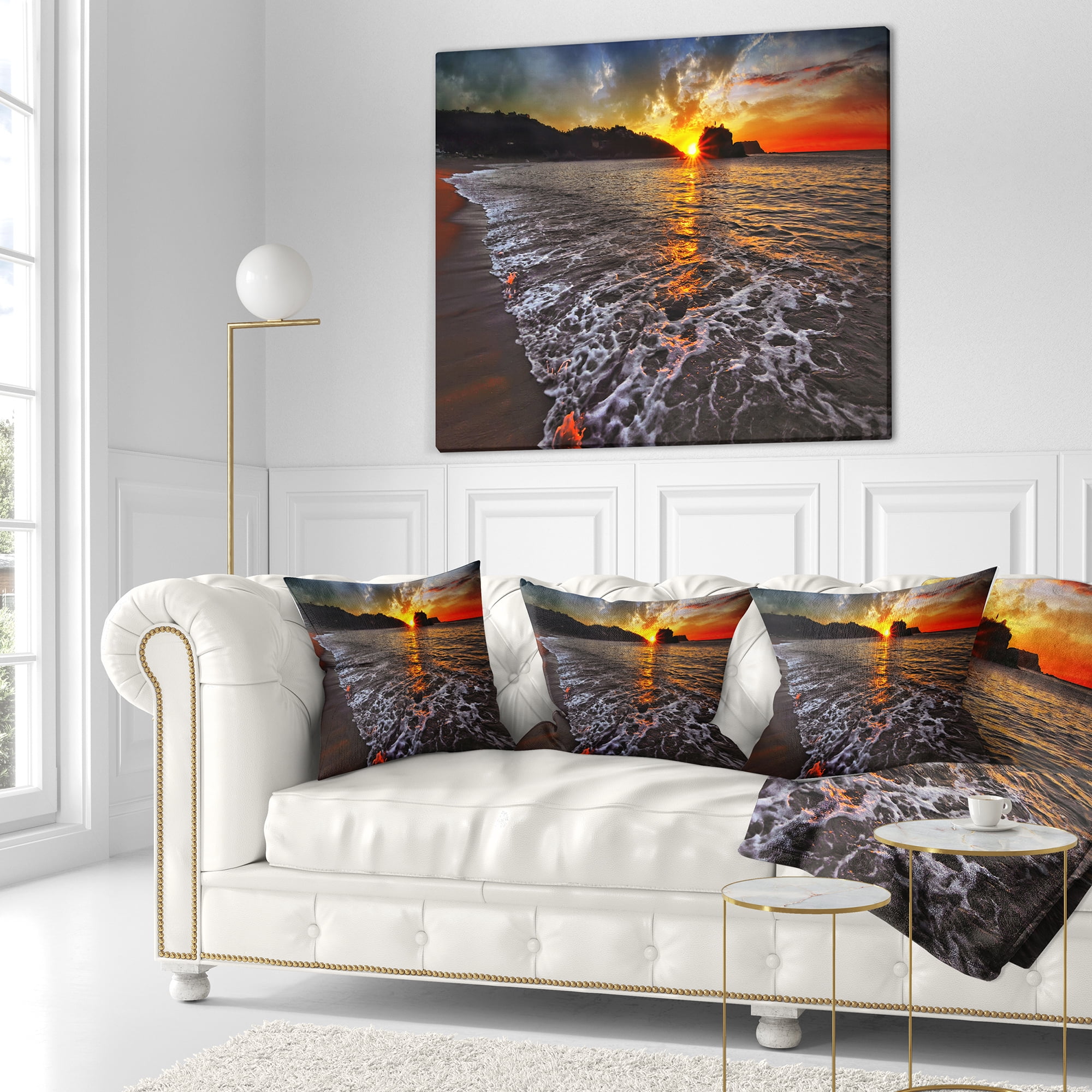 Designart Setting Sun and White Waves - Seashore Photo Throw Pillow - 18x18