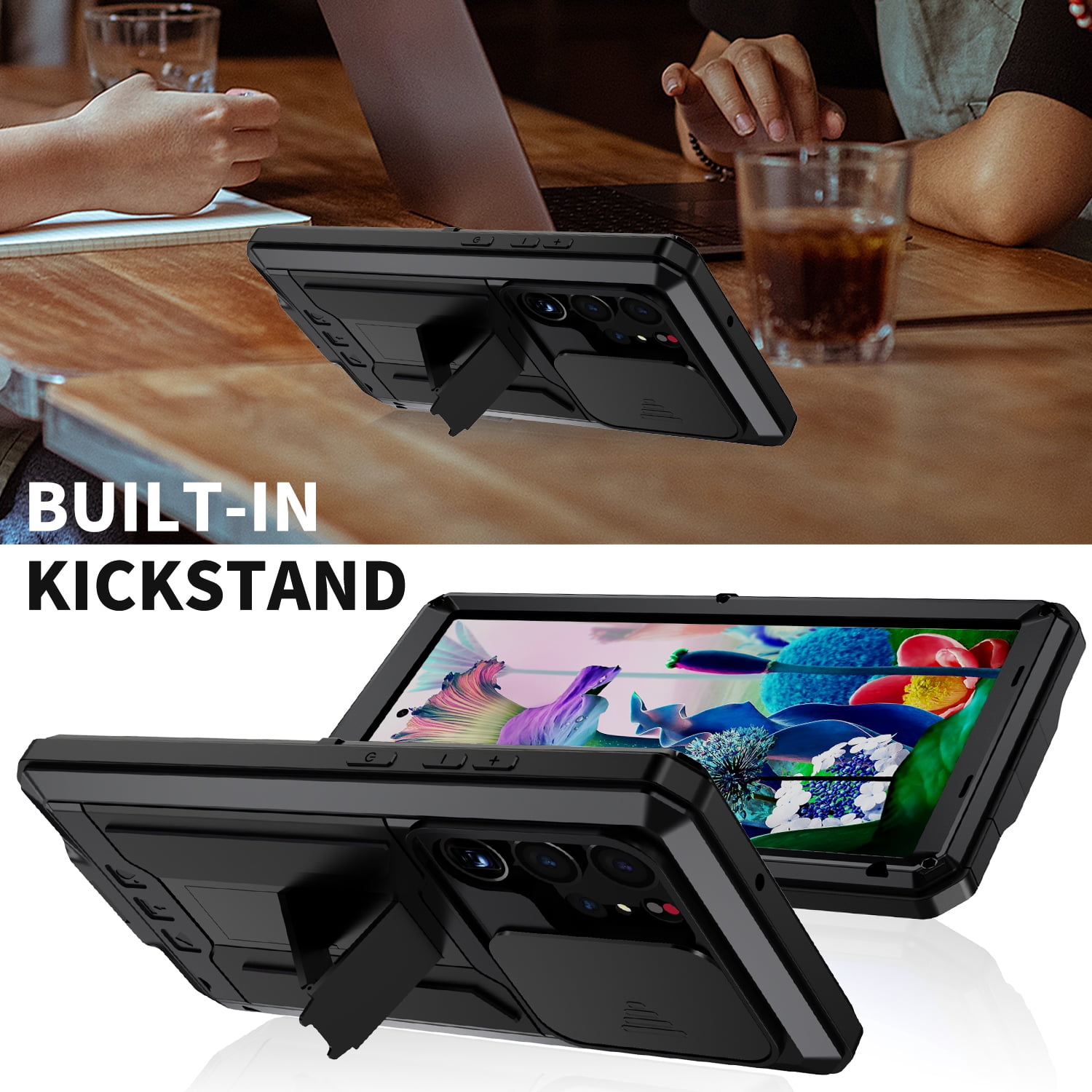 Case for Samsung Galaxy S23 Ultra,Decase Military Grade Shockproof Phone Case Built-in Front Screen Protector Heavy Duty Slide Camera Cover Magnetic Full Body Protective Stand Case - Black