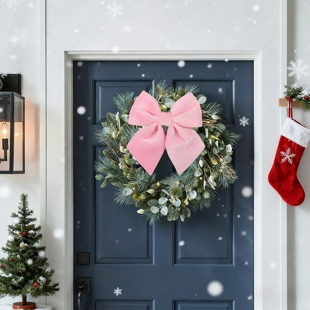 Lazo navideño grande de terciopelo para coronas y árboles - Pack de 4 lazos flocados en rojo, verde, rosa y blanco para decoración navideña interior al aire libre