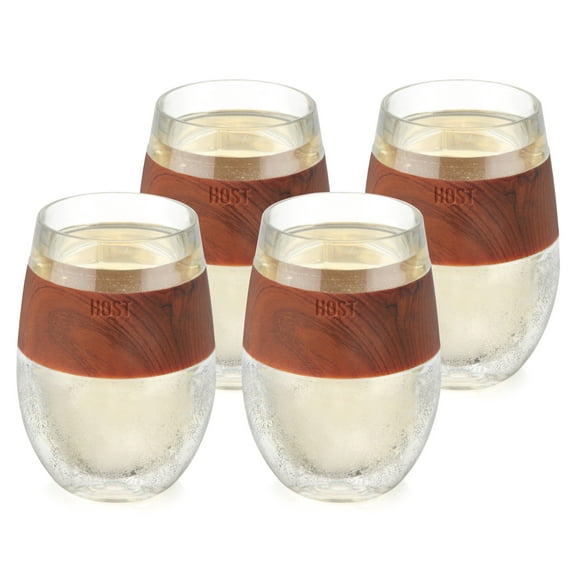 Host Wine Freeze Cooling Cup, Plastic Double Wall Insulated Freezable Drink Chilling Tumbler with Freezing Gel | Wine Glasses for Red and White Wine, Set of 4, 8.5 oz, wood