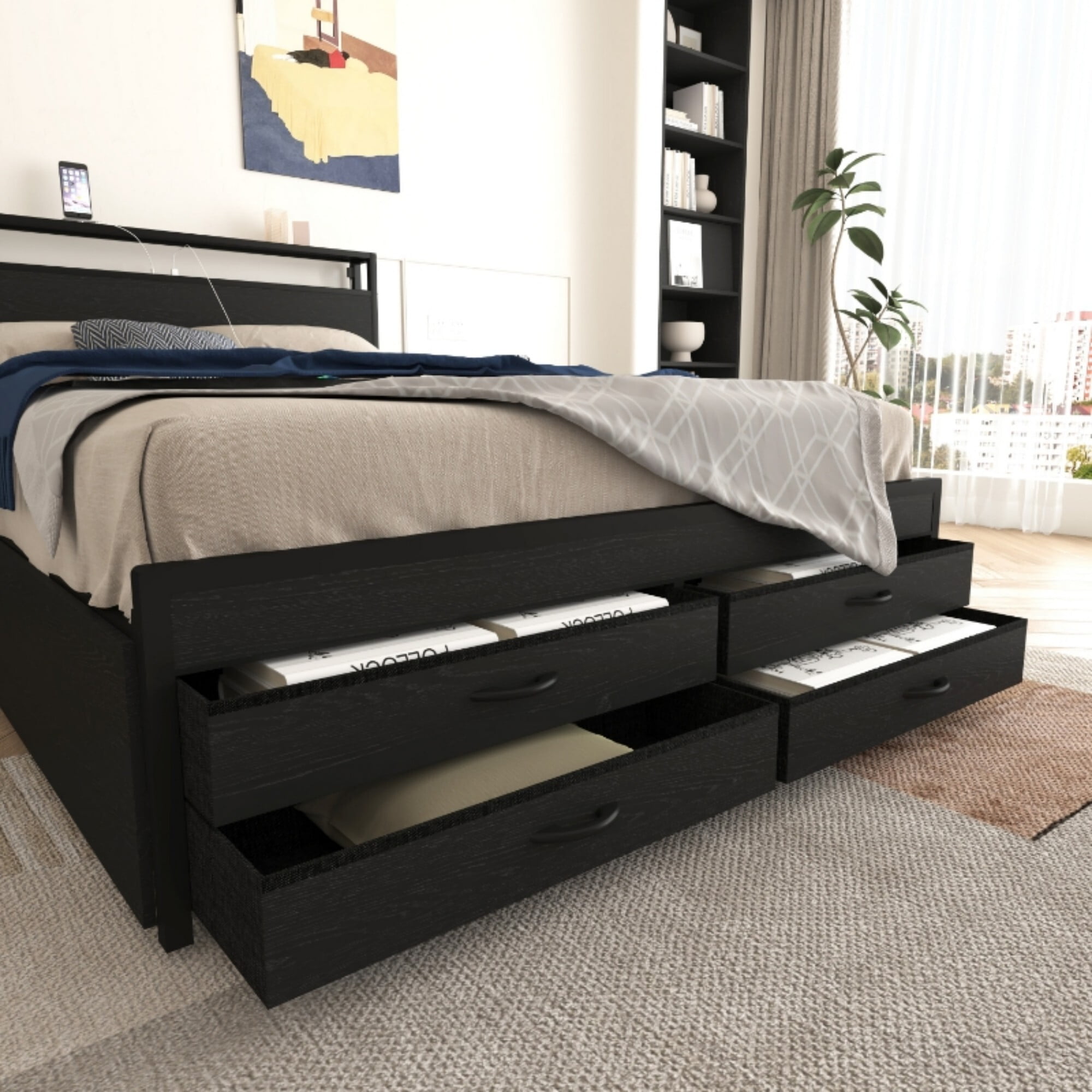 AENKYO Full Size Bed Frame with 8 Storage Drawers, Headboard with Charging Station and LED Lights, Black