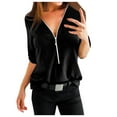 thumbnail image 2 of Dtydtpe 2024 Clearance Sales, Blouses for Women, Women's Chiffon Casual V Neck Long Sleeve Zipper Front Loose Shirt Top Blouse Womens Tops Black, 2 of 7