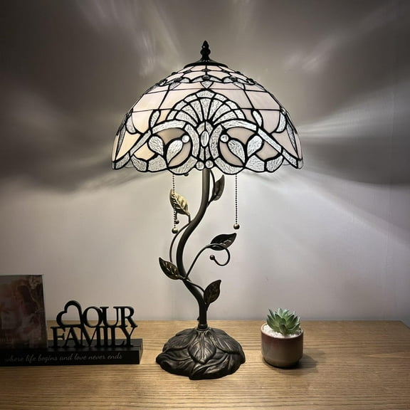 Tiffany Table Lamp White Stained Glass Baroque Style Lavender Iron Metal Leaves Bronze Base Included LED Bulbs for Living Room Dining Room Bedroom Bedside 14"W*14"D*24"H
