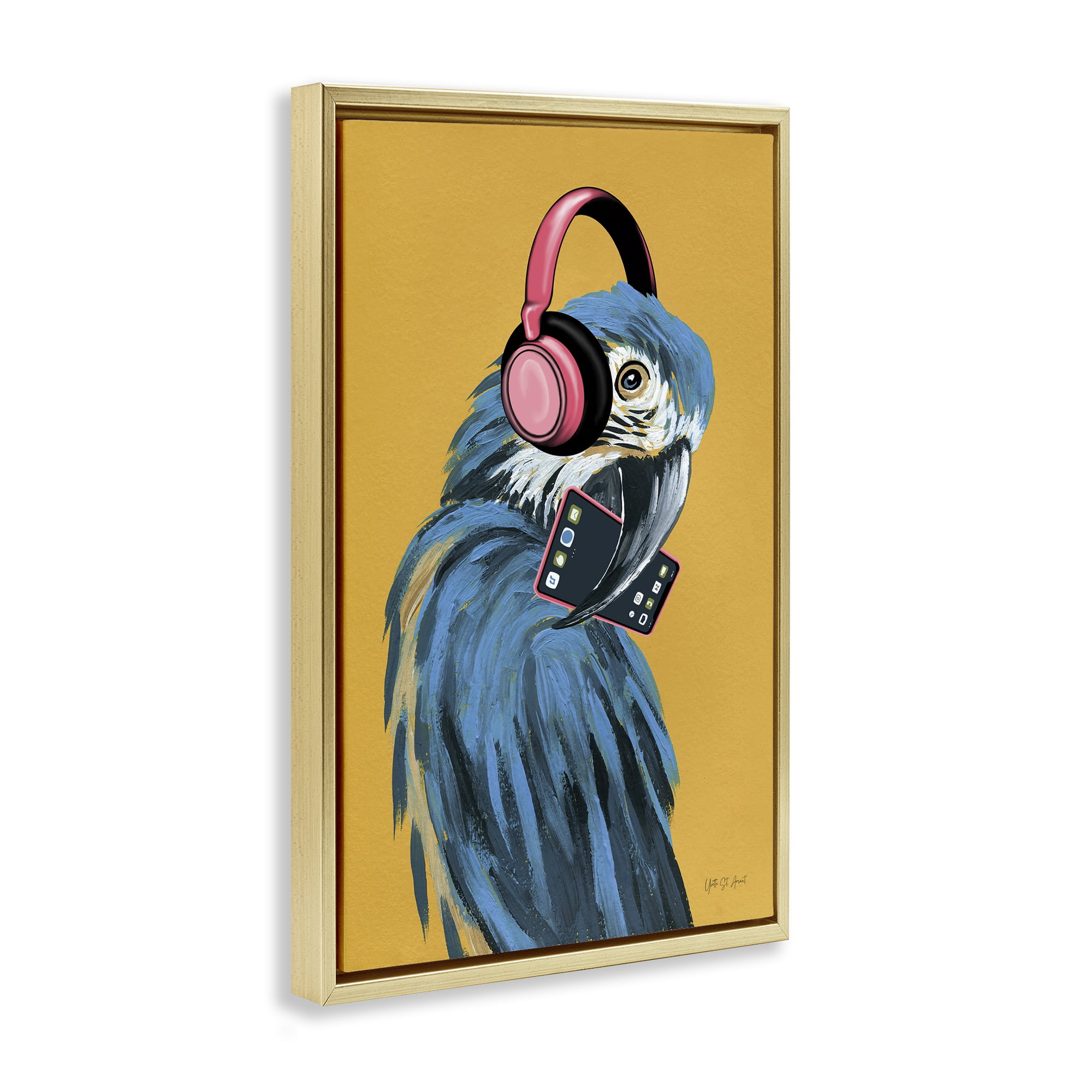 Stupell Industries Parrot Listening to Music Animals & Insects Painting Gold Floater Framed Art Print Wall Art, 21 x 31