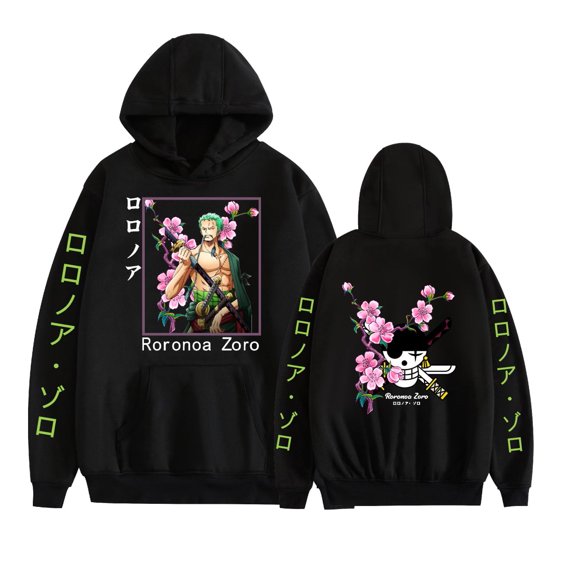 KJCEWSTX Roronoa Zoro Pattern Pullover Anime Hoodie Long Sleeve Sweatshirt Unisex Black