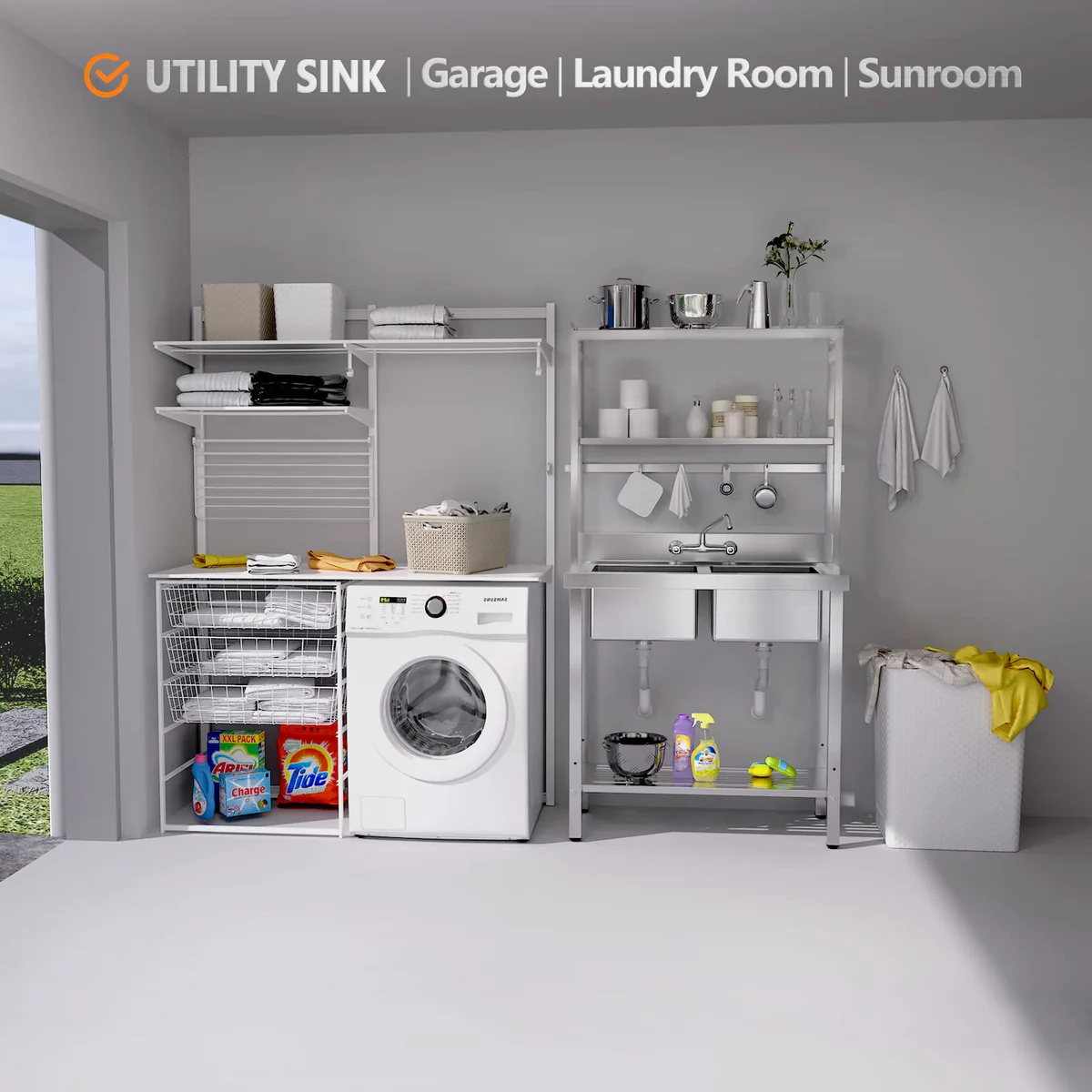 Ktaxon 36" × 21" Stainless Steel Double Utility Sink with Adjustable Shelves, Freestanding Prep Sink with Backsplash & 3.5" Drain