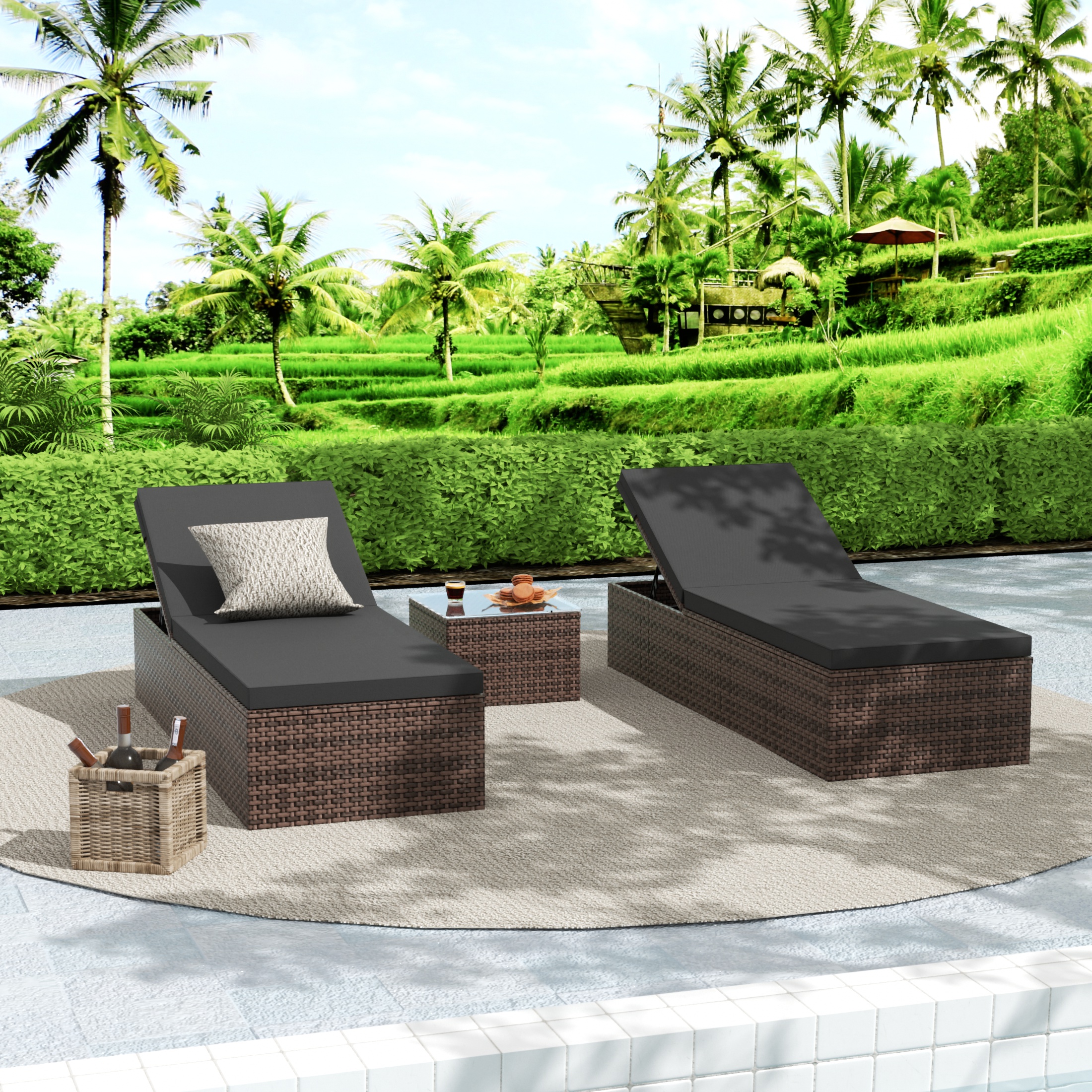 WestinTrends Muriel Wicker Chaise Lounge Outdoor, All Weather 3 Pieces Rattan Patio Pool Lounge Chairs Set of 2 and Tempered Glass Side Table, Gray Cushion - image 2 of 7