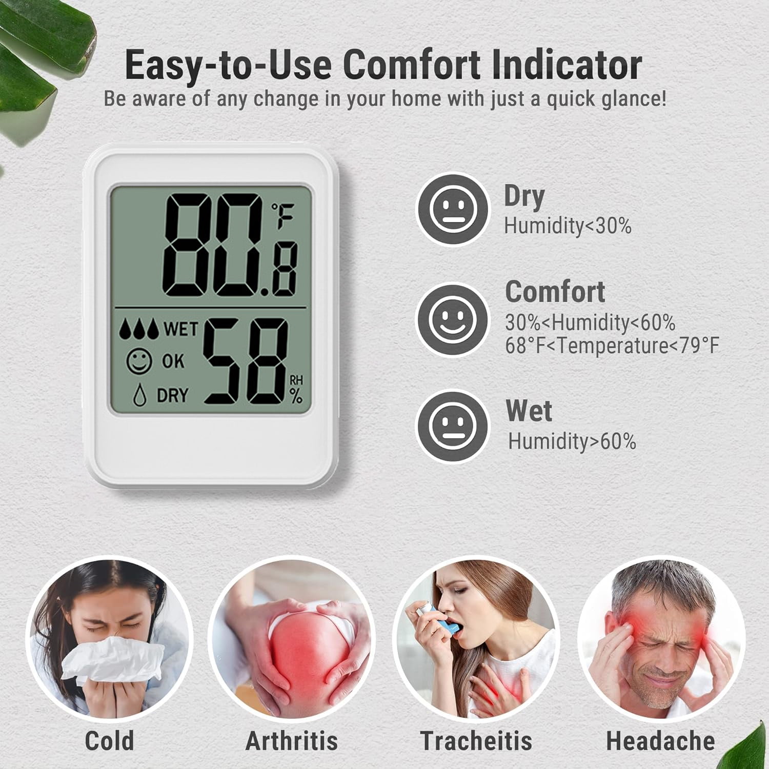 Meamaz 2-Piece Magnetic Digital Humidity Thermometer - °C/°F Convertible, Comfort Reminder, Stand/Hang Options for Home, Kitchen & Ba-by Room